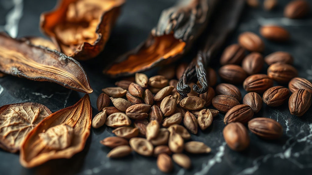 close-up macro photography of raw perfumery ingredients, dried tobacco leaves, split vanilla pods, cacao beans and tonka