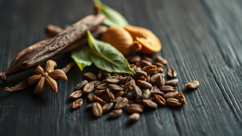 tobacco leaves, vanilla pods, dried fruit and raw cacao nibs arranged on a dark wooden surface, warm studio lighting, ma