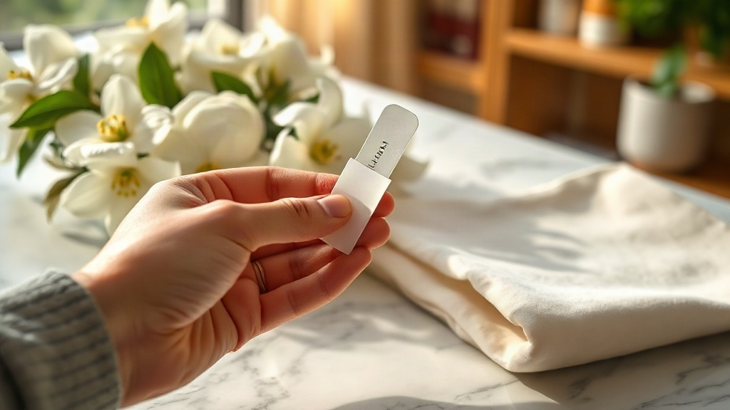 photograph of a hand holding a thin white fragrance testing strip near fresh jasmine flowers and a folded piece of ivory