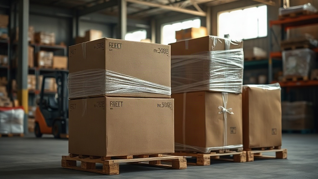 warehouse interior with stacked cardboard shipping boxes on wooden pallets, wrapped in stretch film, forklift in soft fo