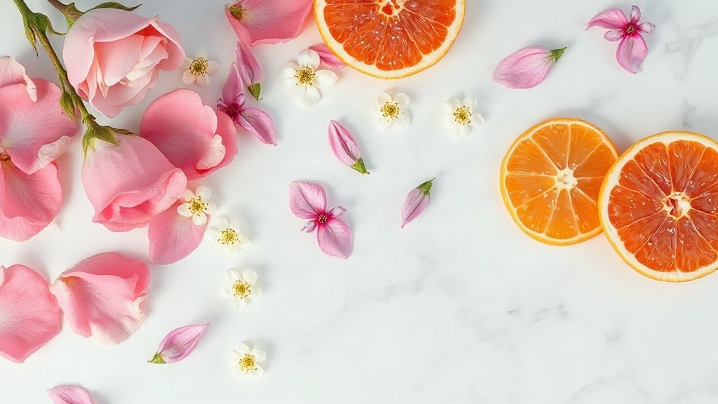 Overhead flat lay on white marble surface of fresh pink centifolia rose petals, jasmine blossoms, and sliced mandarin se