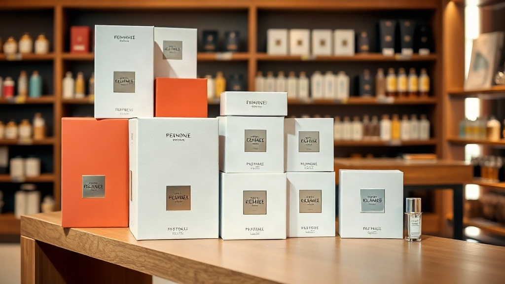 elegant stack of branded perfume gift boxes arranged on a wooden retail shelf in a perfumery store, professional product