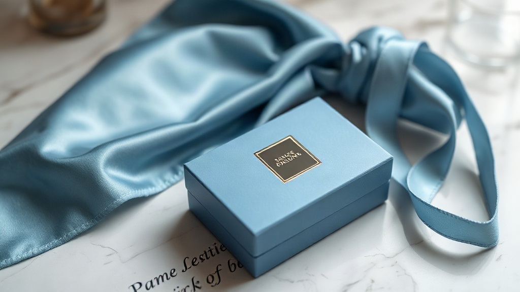 photograph of an elegant folded perfume packaging box placed on a polished marble surface next to a piece of soft blue s