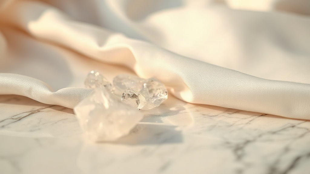 close-up editorial photo of pale musk resin crystals and soft ivory silk fabric draped on a marble surface, warm diffuse