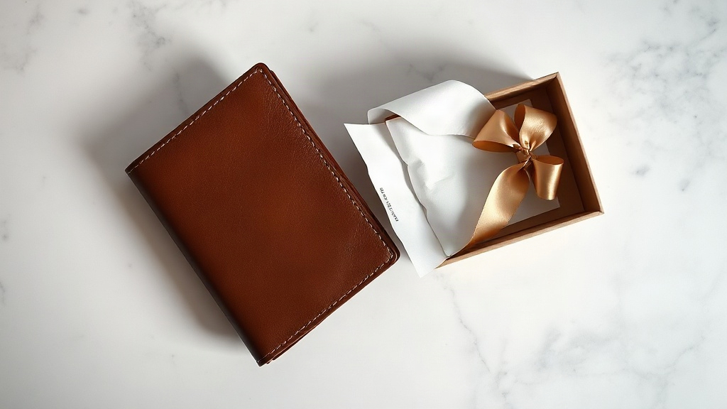 flat lay photography of a folded brown leather men's wallet resting on a polished marble surface beside an open gif