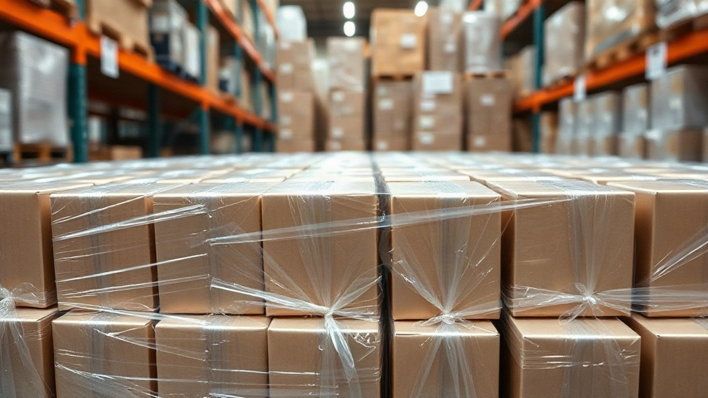neat rows of sealed perfume packaging cartons wrapped in cellophane, stacked on warehouse shelving in a wholesale distri