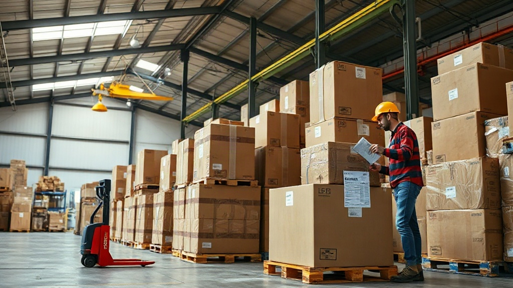 large distribution warehouse interior with stacked cardboard shipping boxes on wooden pallets, a pallet jack, worker