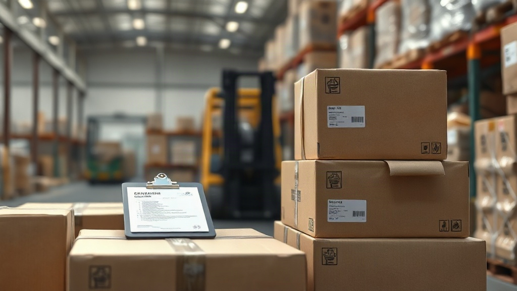 stacked sealed cardboard shipping boxes and wrapped pallets in a bright logistics warehouse, shipping labels and a clipb