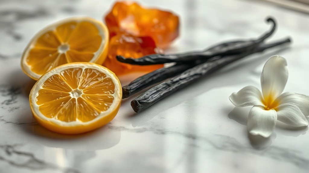 Close-up macro photograph of raw perfume ingredients arranged on a polished marble surface: fresh bergamot slices, amber
