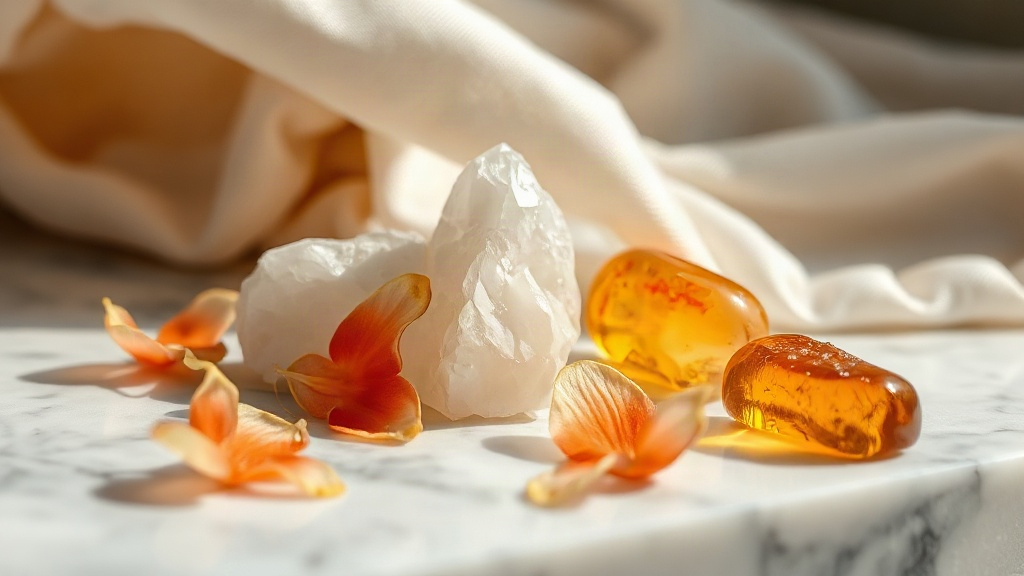 close-up macro photo of white musk crystals, orange blossom petals and raw amber resin arranged on a white marble surfac