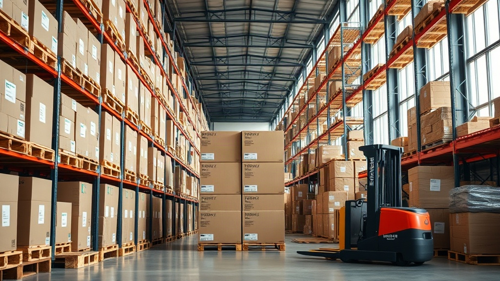 wide shot of a wholesale fragrance warehouse aisle with neatly stacked cardboard shipping cartons on wooden pallets, a f