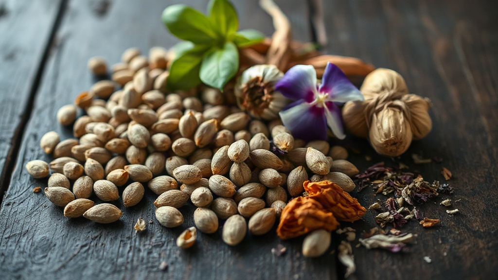 dried botanical ingredients arranged on a dark wooden table, ambrette seeds, vetiver roots, violet leaves and dried herb