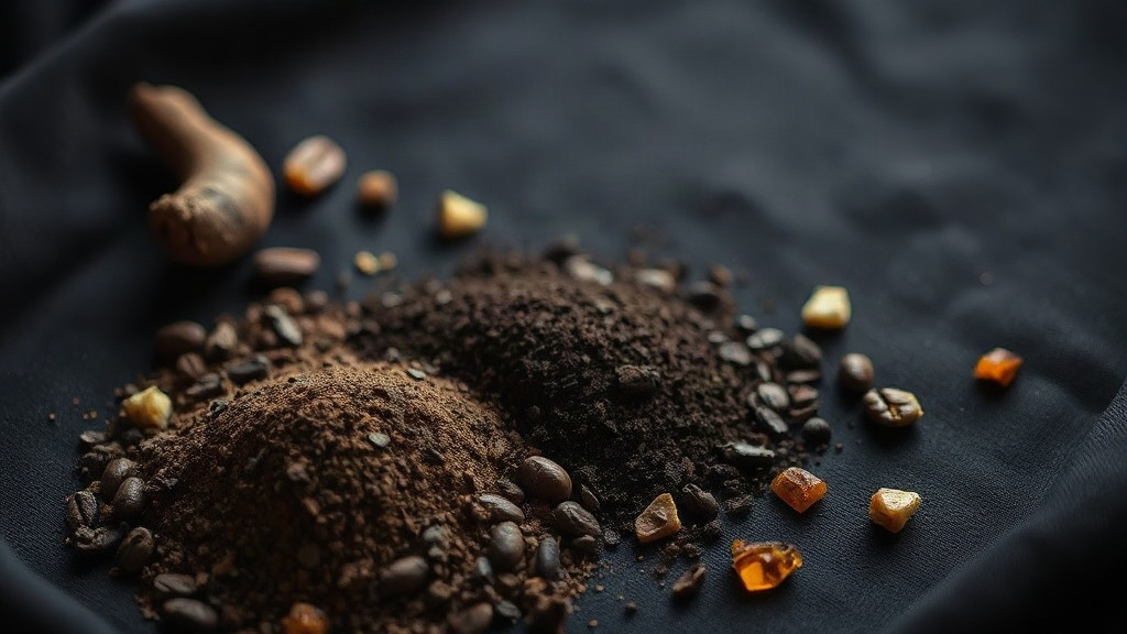 dark roasted coffee grounds and cacao nibs on black fabric, oud wood chips and amber resin pieces scattered alongside, d