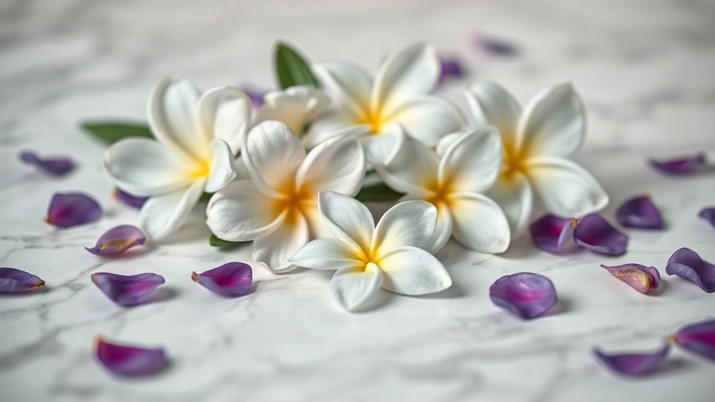 Close-up still life of fresh gardenia and jasmine blossoms with scattered violet petals arranged on a white marble surfa