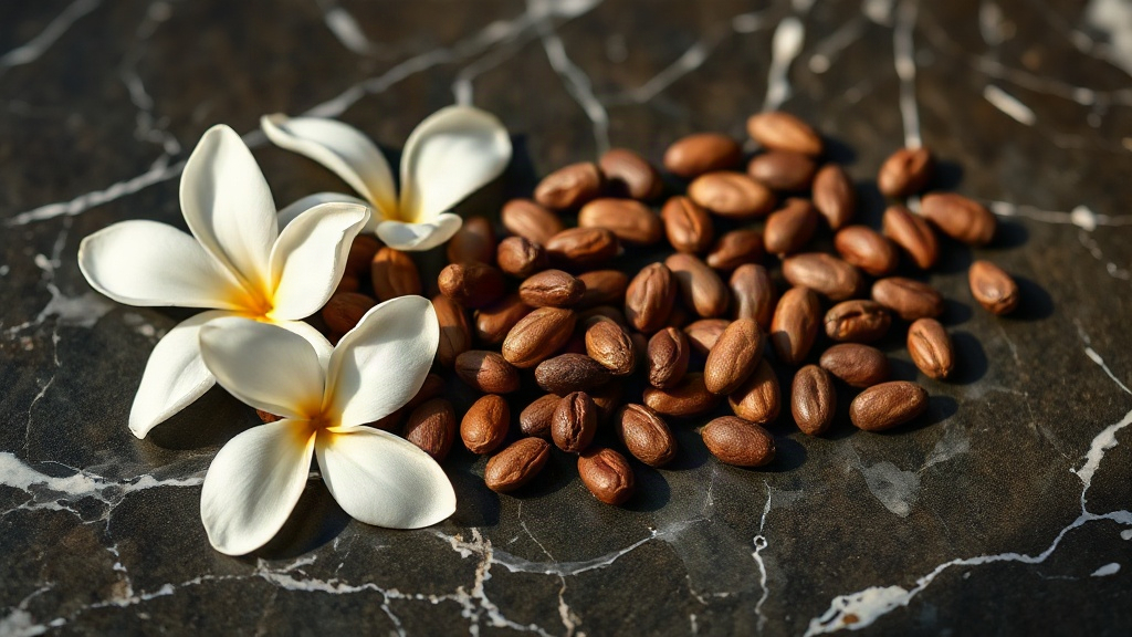 jasmine and tuberose flowers, raw cacao beans and tonka beans arranged on a dark veined marble surface, warm directional