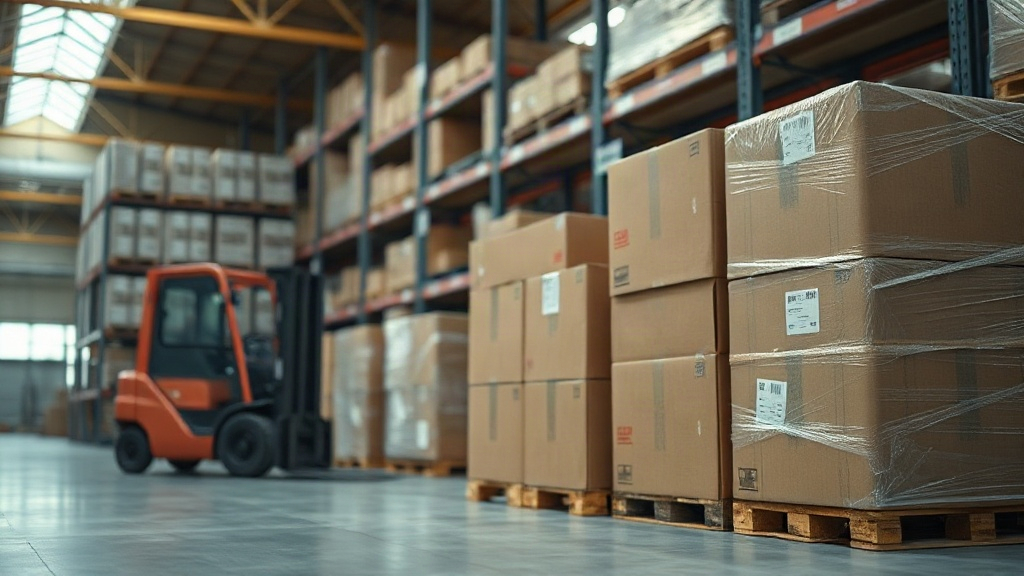 Warehouse interior with stacked cardboard shipping boxes and wrapped pallets ready for dispatch, forklift in soft backgr