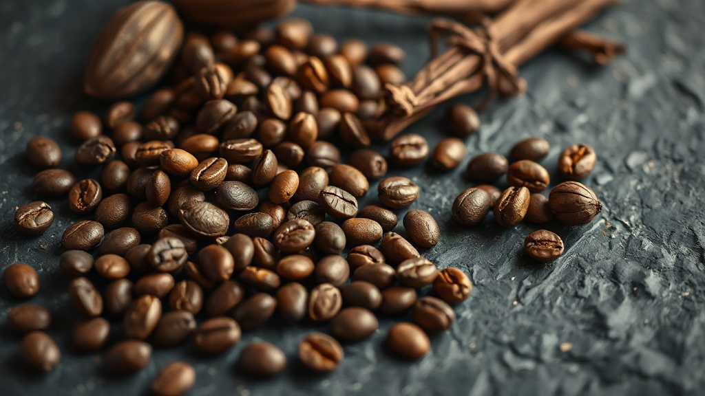 close-up of roasted coffee beans scattered on dark textured stone surface, cacao pods and dried vanilla pods nearby, war