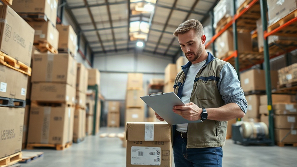 warehouse interior with stacked cardboard shipping cartons and wooden pallets, a logistics coordinator reviewing a clipb