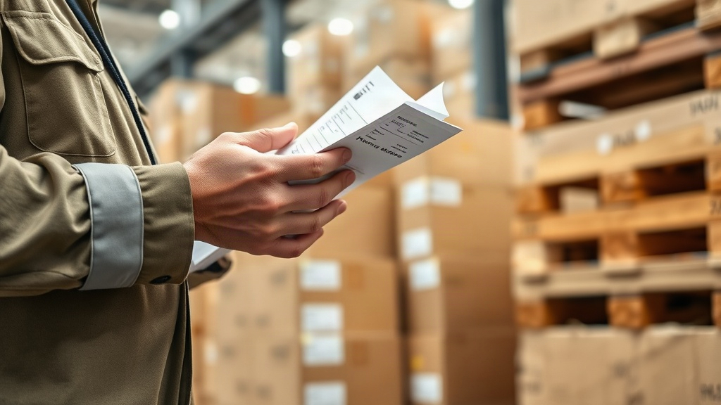 warehouse worker's hand checking a shipping manifest next to stacked cardboard cargo boxes and wooden pallets, logi
