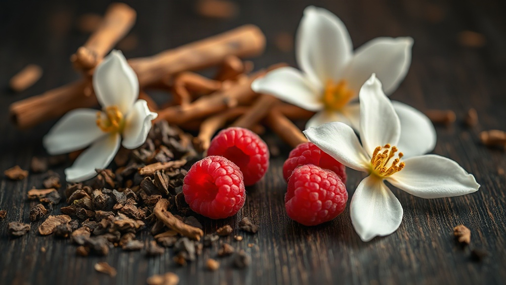 close-up of raw perfumery ingredients, dark oud wood chips, smoky agarwood resin, fresh jasmine blossoms and raspberries