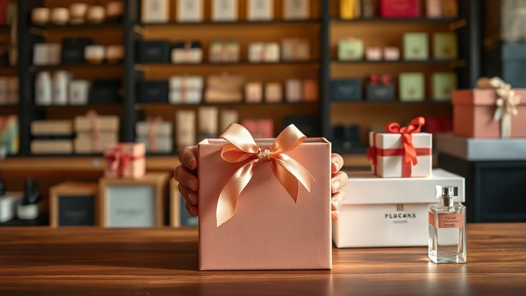 Hands carefully opening an elegant sealed perfume gift box with satin ribbon on a wooden retail counter, neatly stacked 