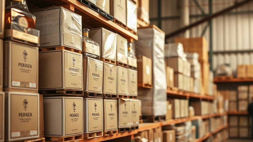 rows of sealed perfume packaging boxes stacked neatly on wooden warehouse shelving, organized wholesale inventory, soft 
