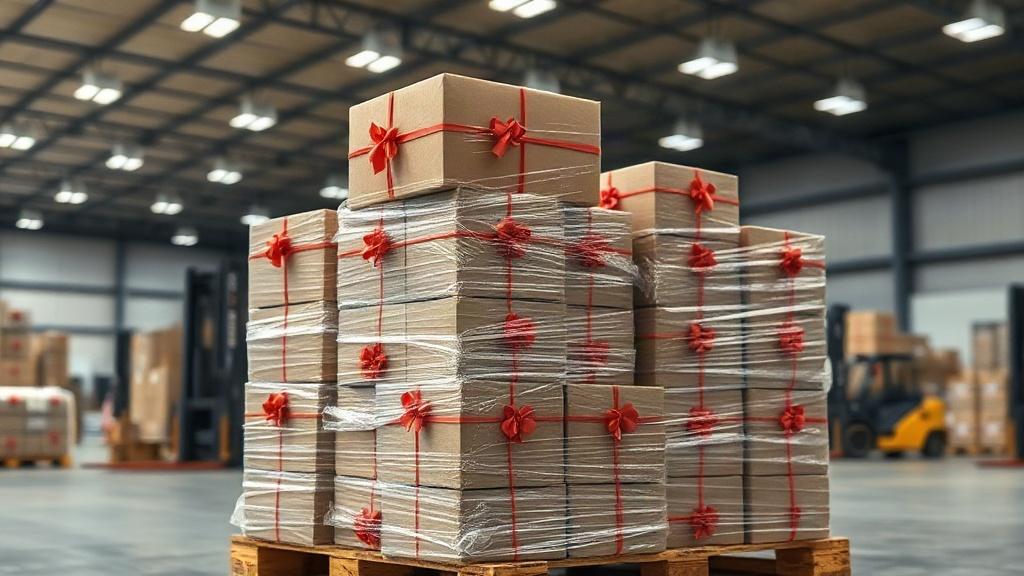 pallet stacked with sealed perfume gift boxes wrapped in protective film inside a modern logistics warehouse, forklift f