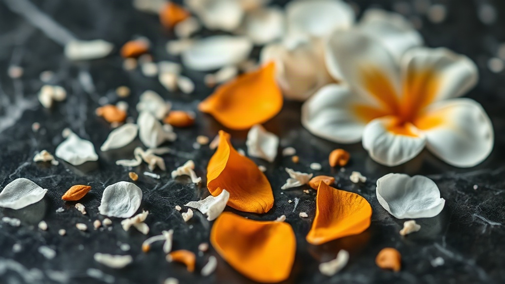 macro photograph of white musk fibers, jasmine petals and orange blossom scattered on a dark polished marble surface, so