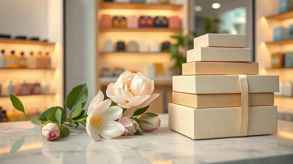 elegant retail display shelf in a perfumery boutique, marble surface, fresh jasmine and peony flowers arranged beside ne