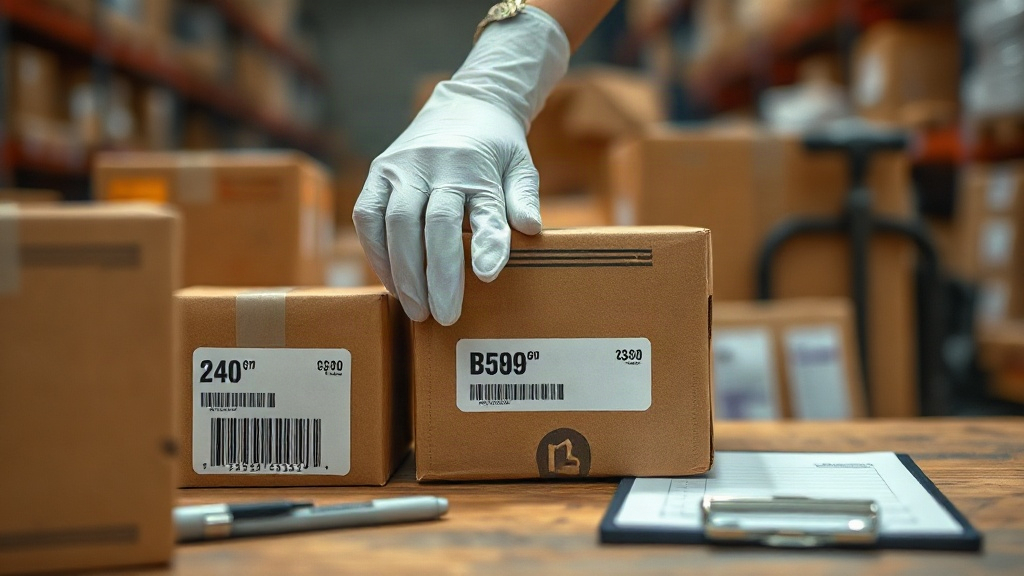 close-up of hands in white gloves inspecting cardboard shipping cartons with batch code labels on a warehouse workbench,