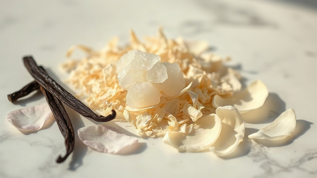 white musk crystals, vanilla pods, sandalwood shavings and white jasmine petals arranged on a marble surface, soft natur