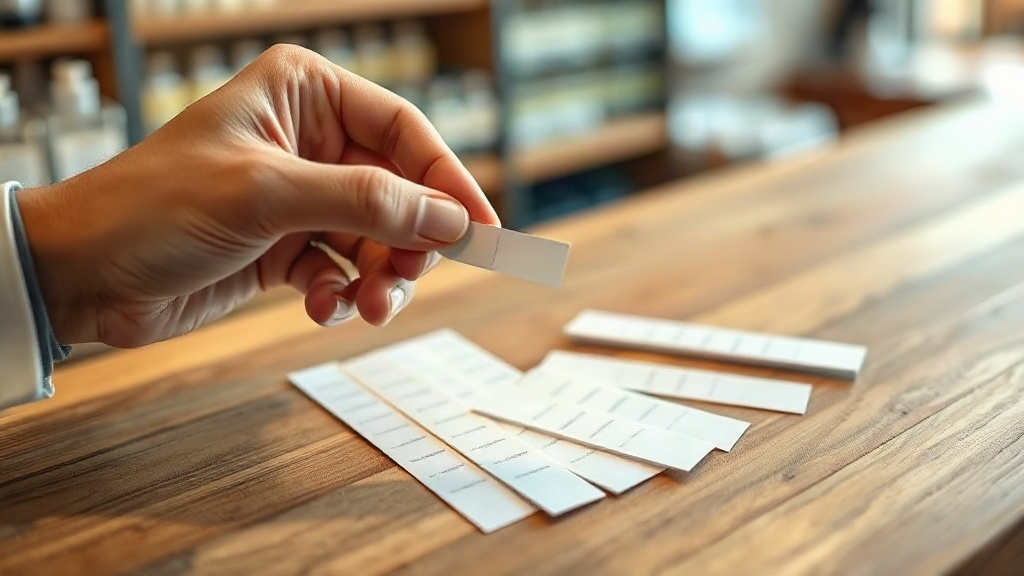 close-up of a hand holding a fragrance tester blotter strip near a wrist, several paper blotter strips fanned out on a w