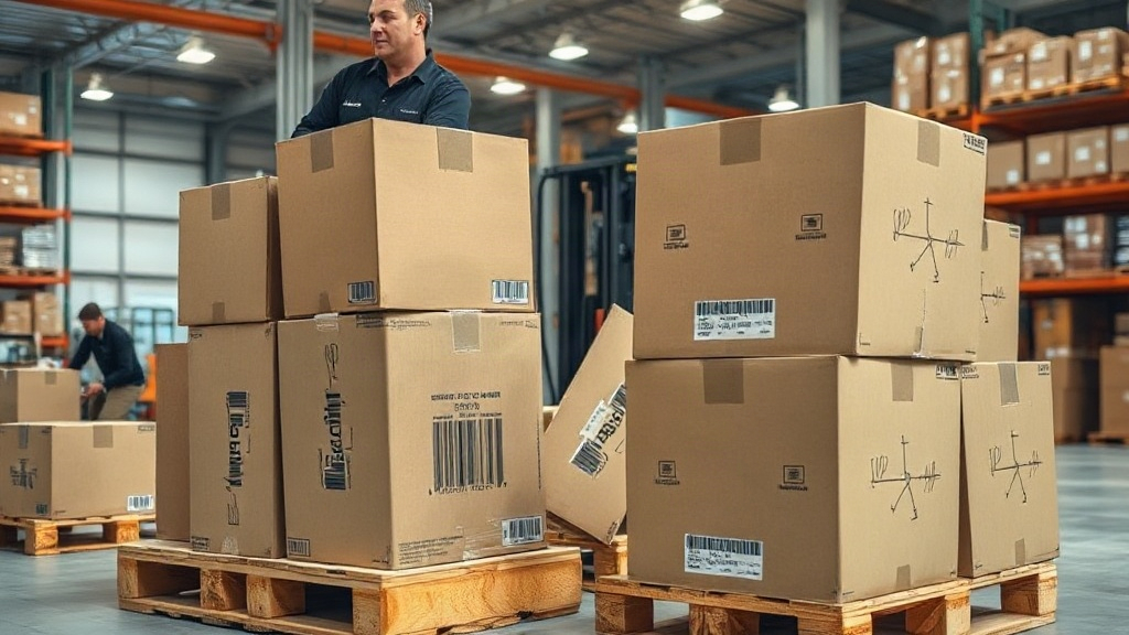 warehouse distribution center with stacked cardboard shipping boxes on wooden pallets, forklift in the background, worke
