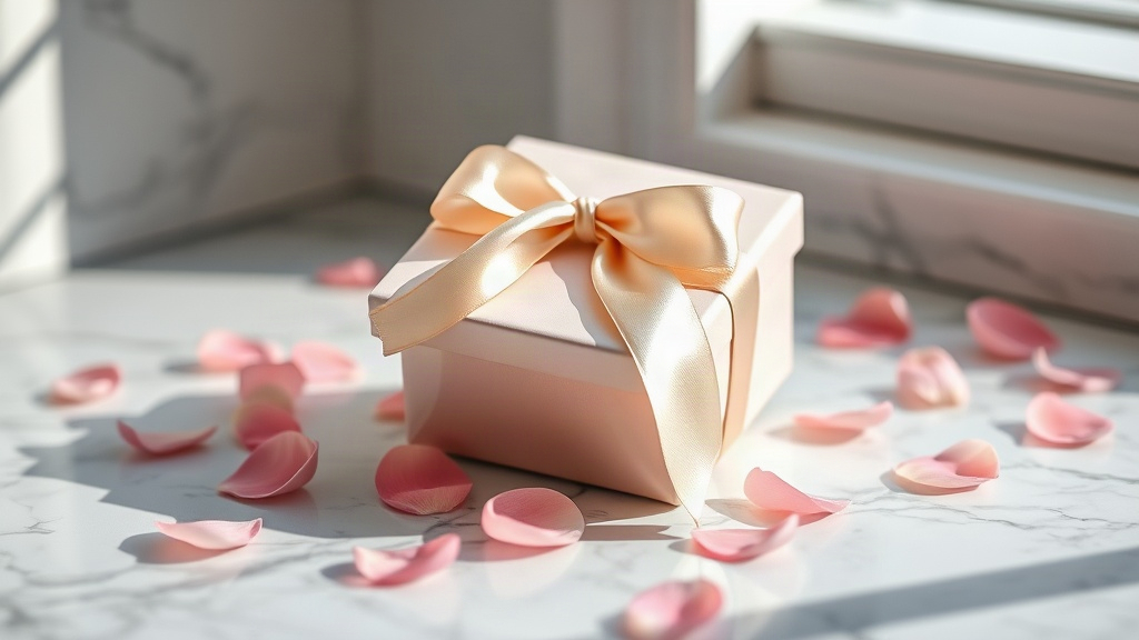 Elegant luxury perfume gift box wrapped with a satin ribbon resting on a marble countertop, soft pink flower petals scat