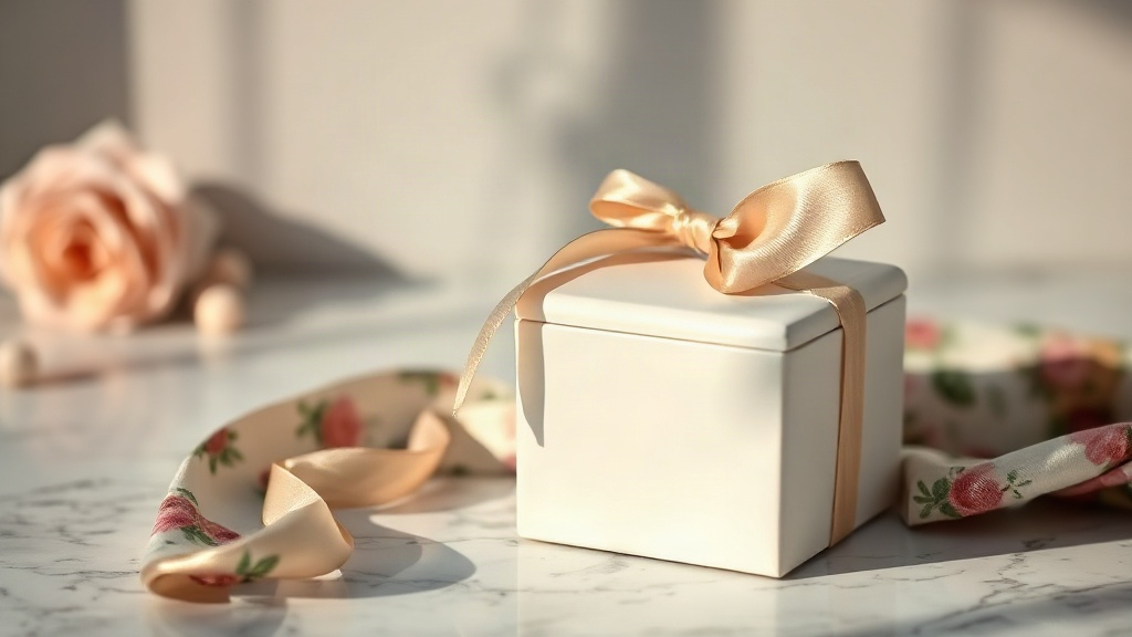 elegant ivory perfume gift box wrapped with a satin ribbon and a floral fabric swatch beside it, displayed on a marble c
