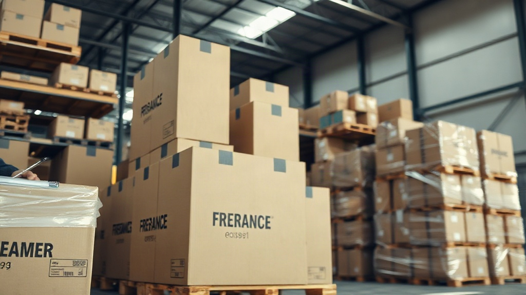 Warehouse interior with neatly stacked cardboard shipping boxes and wooden pallets ready for distribution, a worker'