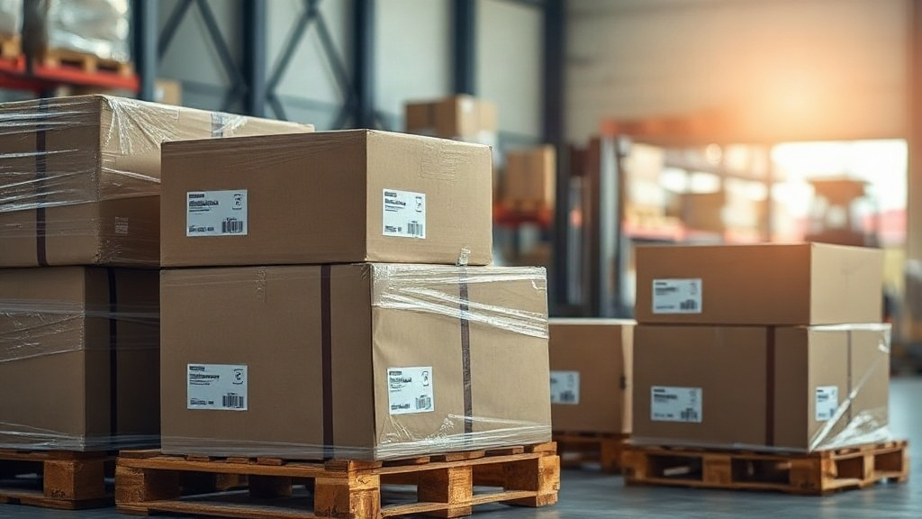 a logistics warehouse interior with wooden pallets stacked with sealed cardboard shipping boxes, shrink wrap, shipping l