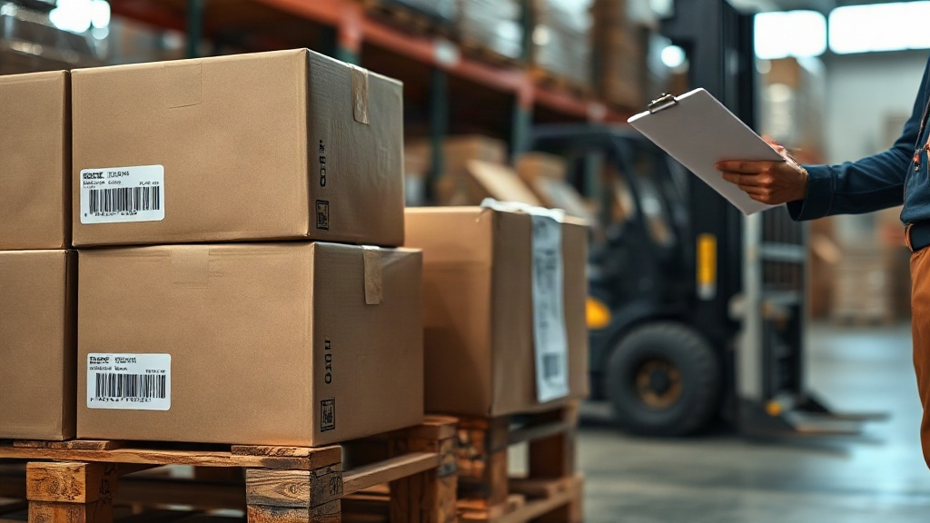 warehouse logistics scene, stacked cardboard shipping boxes on a wooden pallet, a shipping label and barcode visible on 