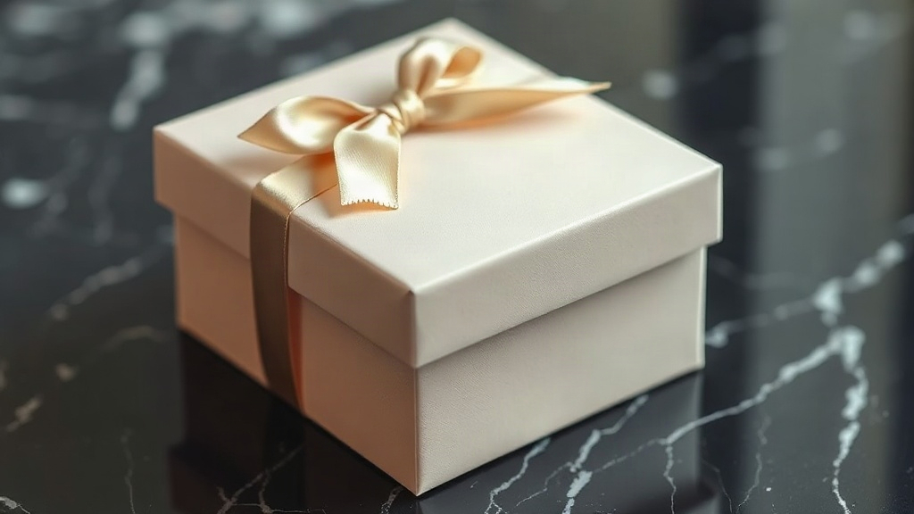 elegant closed perfume gift box with a satin ribbon and embossed pattern, placed on a dark marble surface, soft studio l
