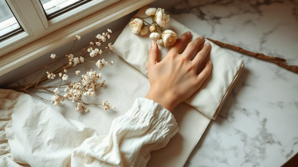 elegant flat lay of a woman's wrist resting near folded ivory linen and dried white florals on a marble countertop,
