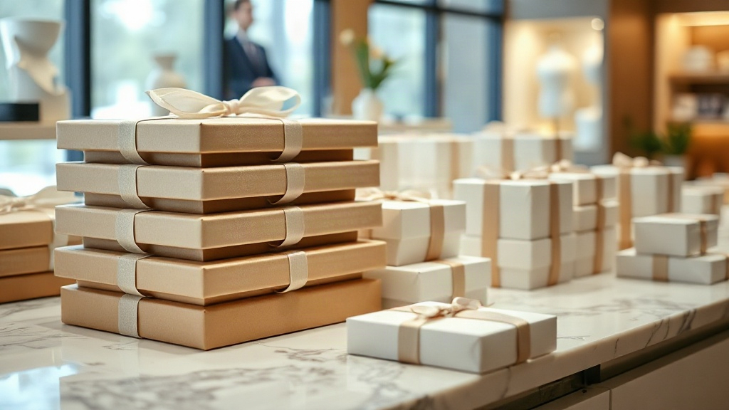neatly stacked folded gift boxes and tester cartons arranged on a marble counter in a retail display setting, elegant pa