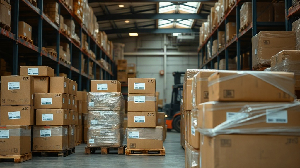 Warehouse interior with stacked cardboard shipping boxes and wrapped pallets ready for dispatch, forklift in the backgro