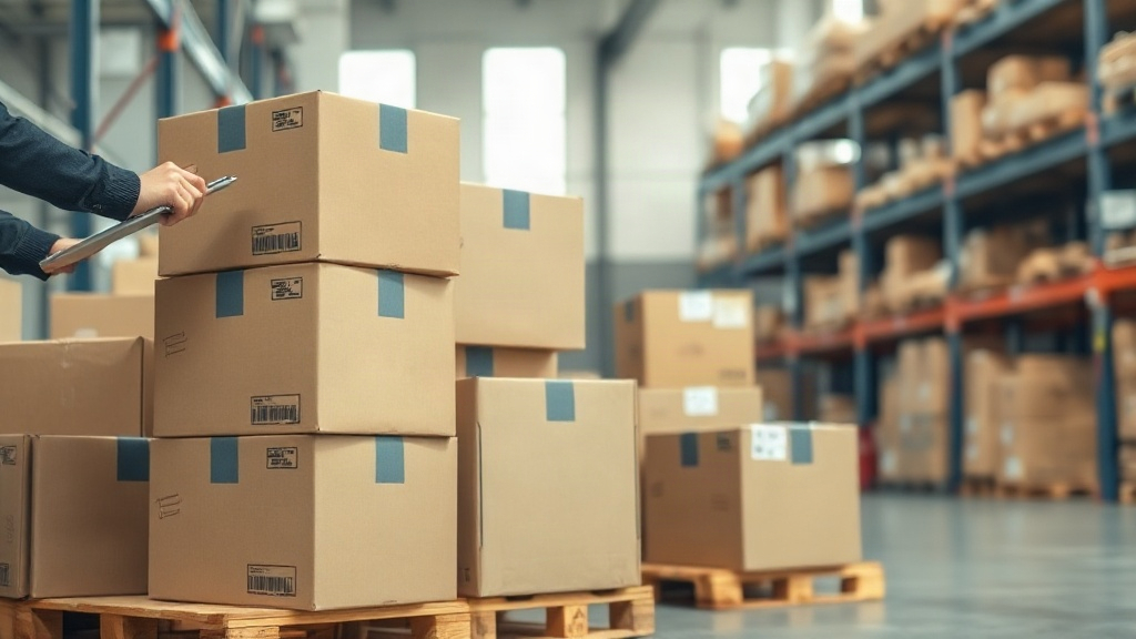 wholesale warehouse interior with stacked cardboard shipping boxes on wooden pallets, a hand holding a clipboard checkin
