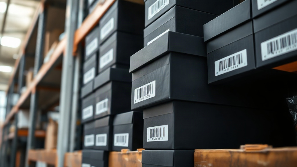Stack of closed black perfume gift boxes with barcode labels neatly arranged on a warehouse shelf, outer packaging only 