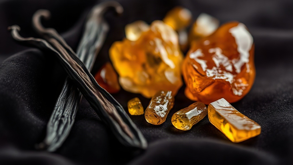 Macro close-up styled composition of vanilla pods, amber crystals, and warm golden resin arranged on dark velvet fabric,
