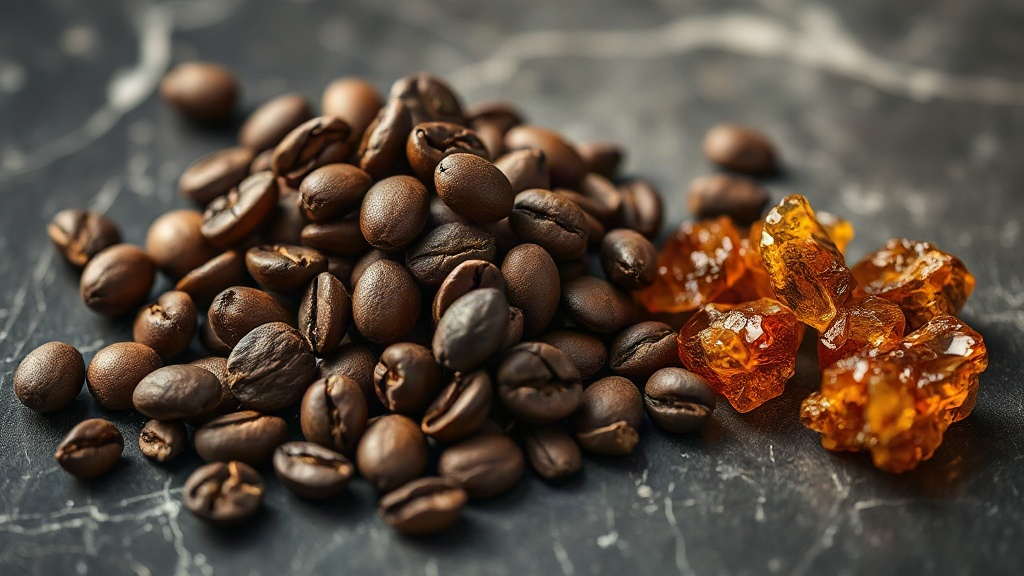 close-up still life of roasted coffee beans, dark oud wood chips and amber resin arranged on a dark veined marble surfac