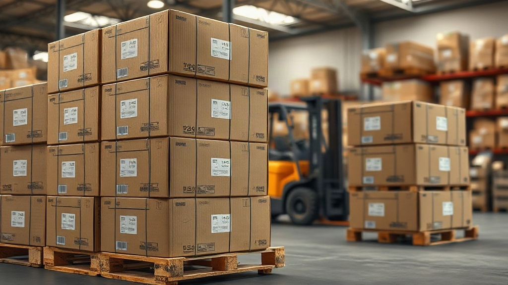 warehouse interior with wooden pallets stacked high with sealed branded cardboard shipping boxes, forklift in the backgr