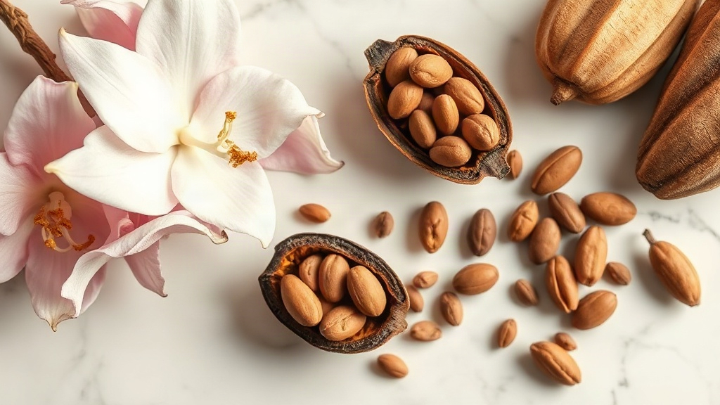 overhead flat lay of perfumery raw materials on a white marble surface, fresh tuberose flowers, cacao pods split open sh