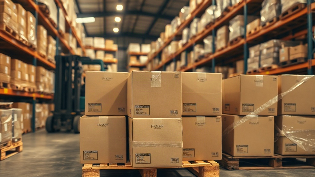 Wide shot of an organized fragrance warehouse with neatly stacked cardboard shipping boxes on wooden pallets, forklift i