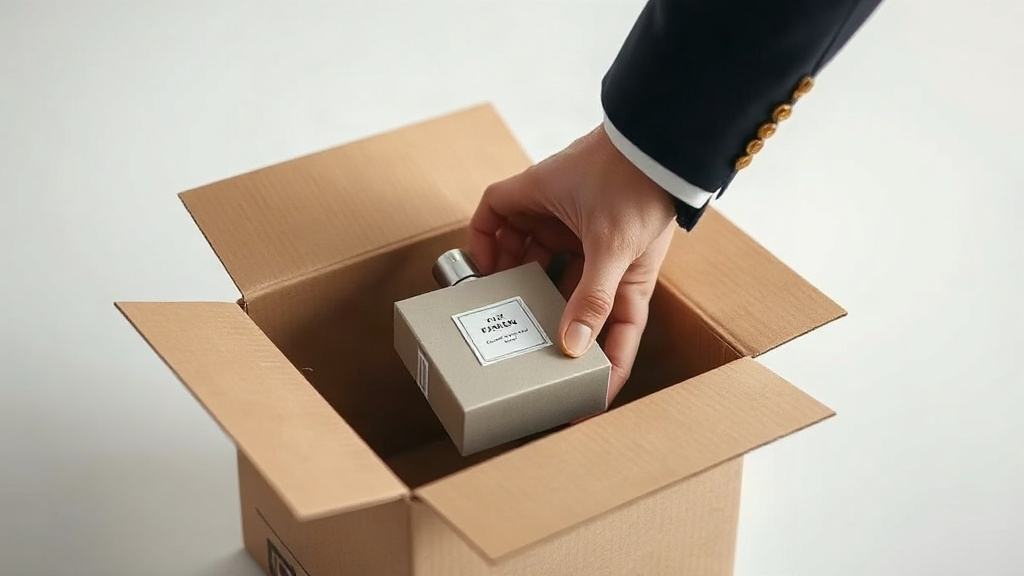 close-up of a hand in a tailored suit sleeve carefully placing a sealed perfume gift box into an open cardboard shipping